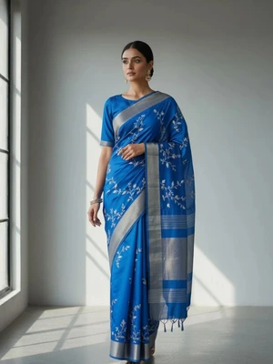 Semi Tussar Silk Sarees with Embroidery & Zari Border